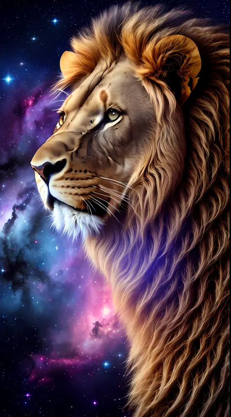 (large imposing realistic lion, living nebula), night sky, Milky Way, bright stars, strong contrast, hairy texture of lion skin,...