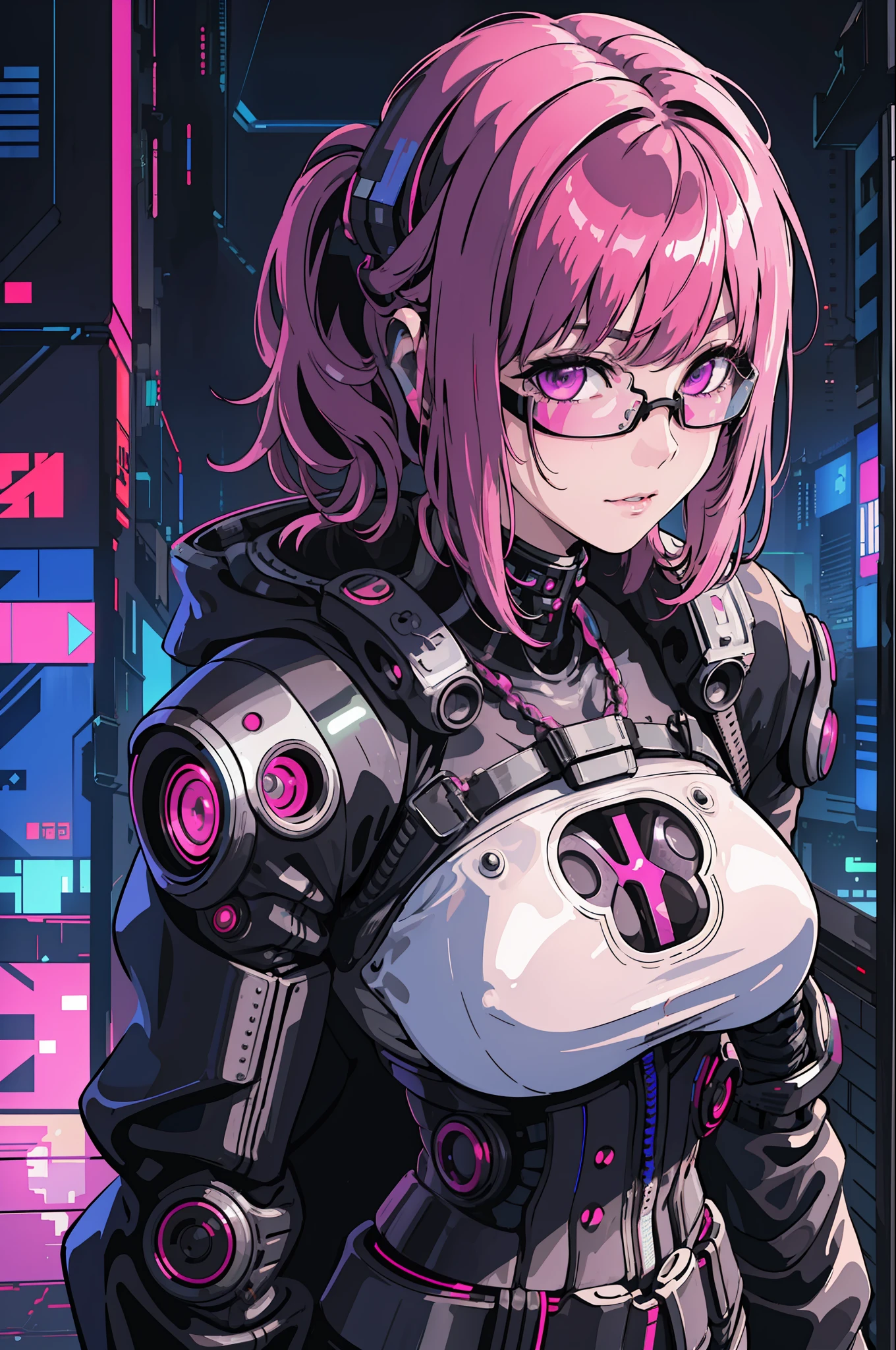 1girl, close-up, intricate details, (cyberpunk:1.4), mechanical arms, glasses, messy hair, (shiny neon armor:1.2), machines, black background, big, pink hair