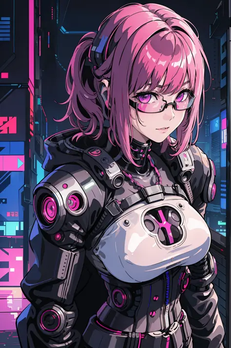 1girl, close-up, intricate details, (cyberpunk:1.4), mechanical arms, glasses, messy hair, (shiny neon armor:1.2), machines, bla...