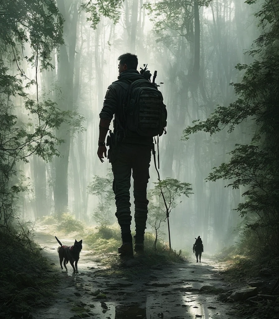 (masterpiece) RAW highly detailed, a man with a post-apocalyptic dog with a backpack is walking down a clear alley in a leafy and long forest, at the end of the way a strong white light shaped ball, hassanfantasy style, by Jeremy Mann and Donato Giancola ultra realistic highly detailed intricate photorealistic