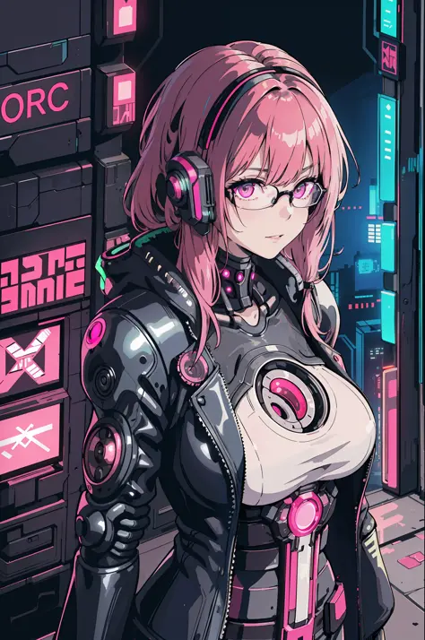 1girl, close-up, intricate details, (cyberpunk:1.4), mechanical arms, glasses, messy hair, (shiny neon armor:1.2), machines, bla...