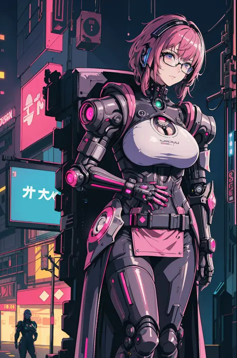 1girl, close-up, intricate details, (cyberpunk:1.4), mechanical arms, glasses, messy hair, (shiny neon armor:1.2), machines, bla...