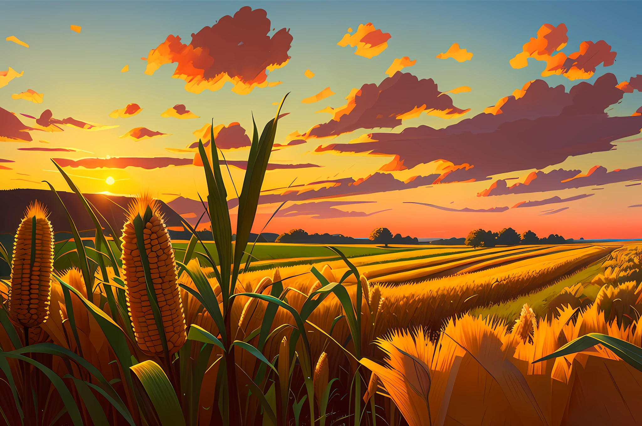 전경에 곡물이 있는 옥수수 밭, 늦여름, 아름다운 색깔의 하늘, 날카로운 거친 브러시 스트로크를 사용한 초현실적인 디지털 컨셉 아트. 에드워드 호퍼와 픽사 스타일의 컨셉 아트.