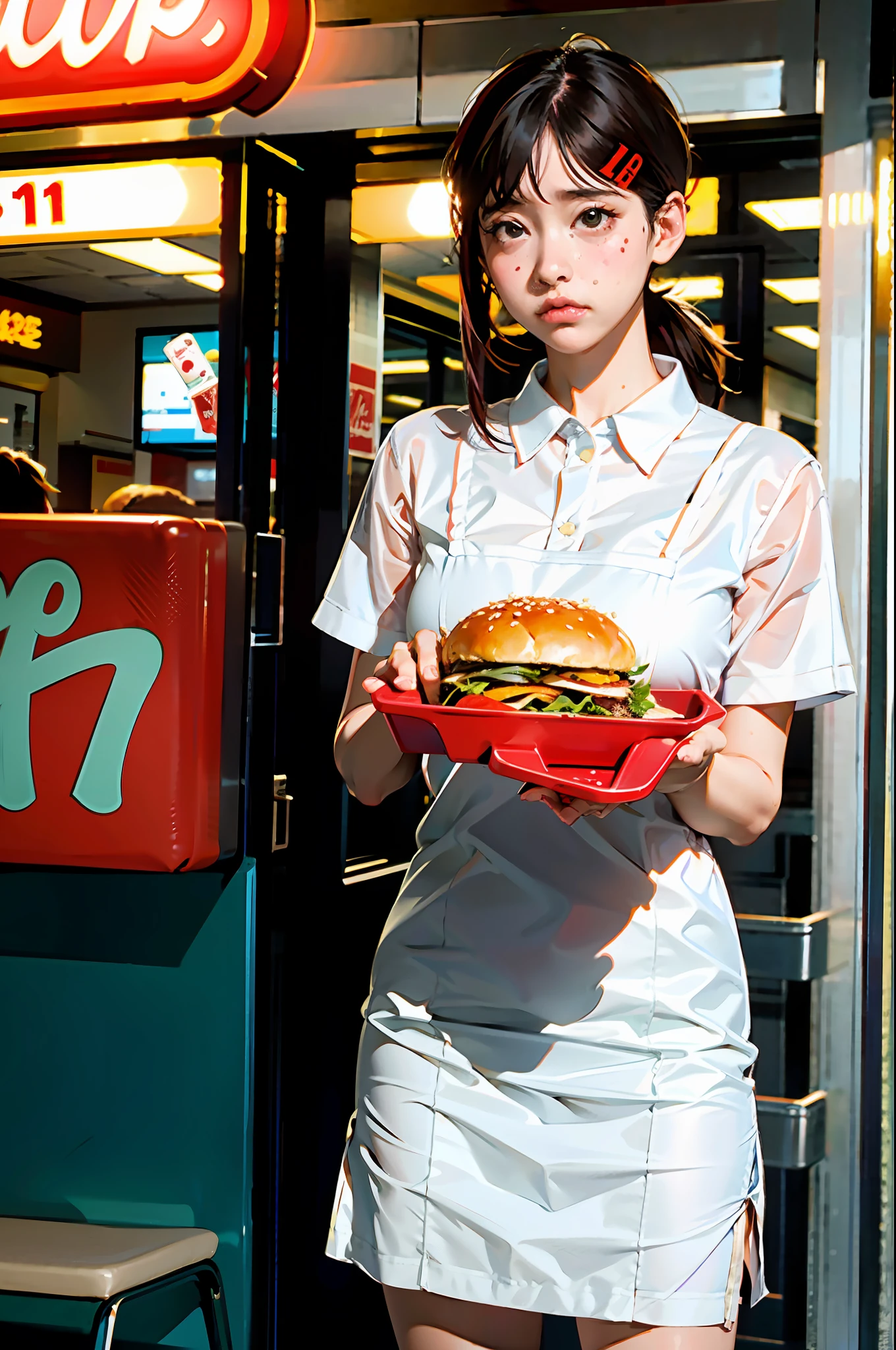 1 Mädchen, allein, Große Brüste, (Tiefenschärfe: 1.1), (Realistisch, photo-Realistisch: 1.37), Mädchen im Fast-Food-Pflegekleid,ein Hamburgertablett tragen,trauriges Gesicht, Perspektive von unten