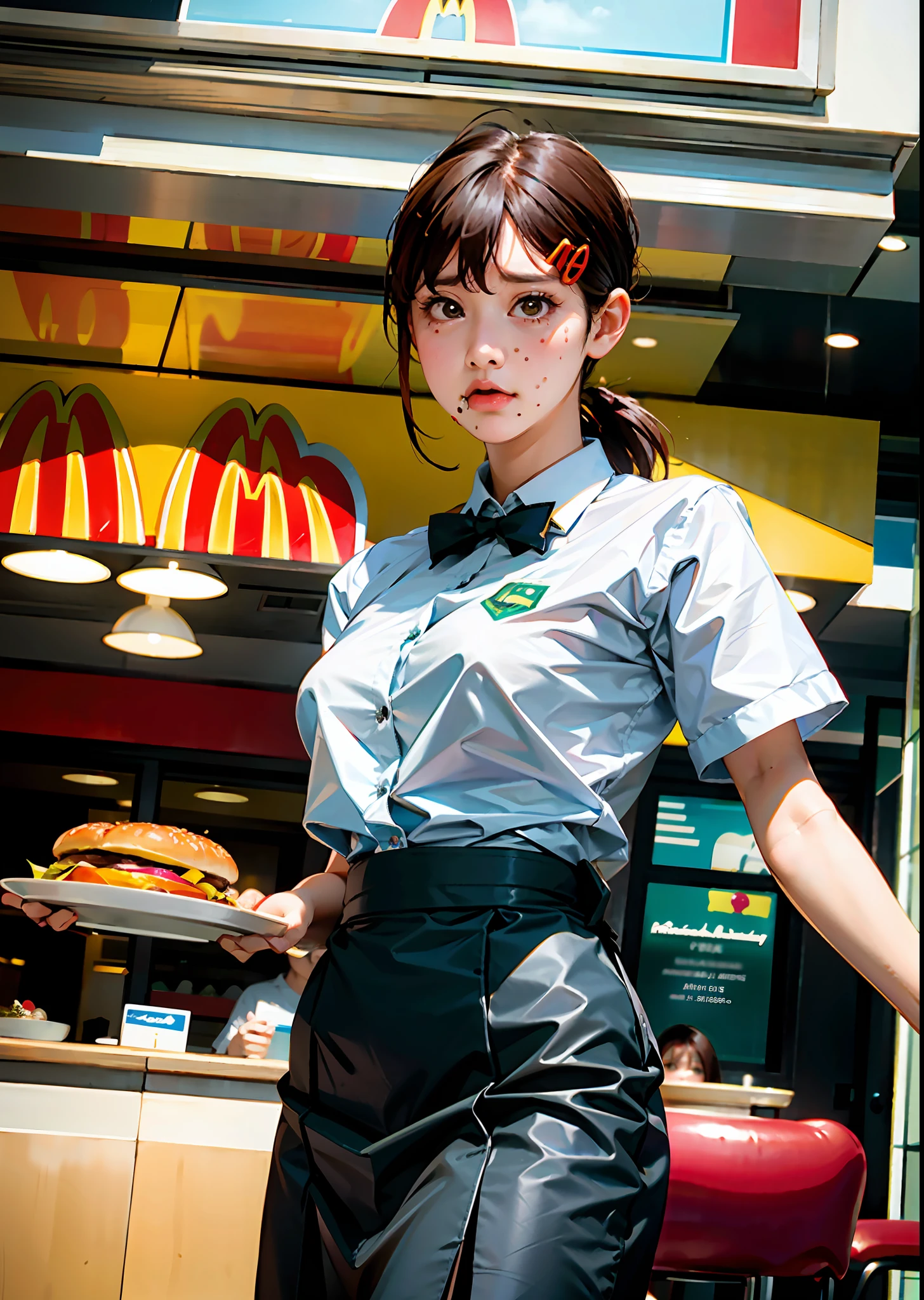 1個女孩, 獨自的, 大乳房, (景深: 1.1), (實際的, photo-實際的: 1.37), 穿著麥當勞制服的女孩, 女服务员, 端著漢堡托盤, 悲伤的脸, ((從下面看))