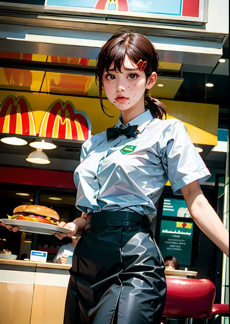 1girl, alone, large breasts, (depth of field: 1.1), (realistic, photo-realistic: 1.37), girl dressed in McDonald's uniform, wait...