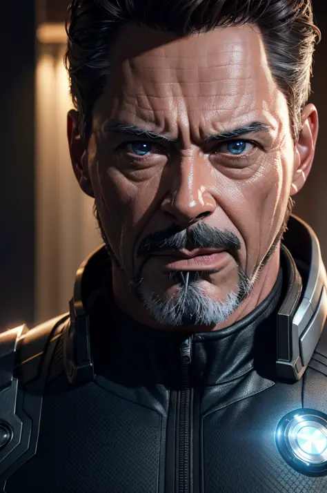 Marvel, Old man Tony Stark, realistically, dynamic lights, old, gray stubble, full shoot, (extremely detailed CG unity 8k wallpa...