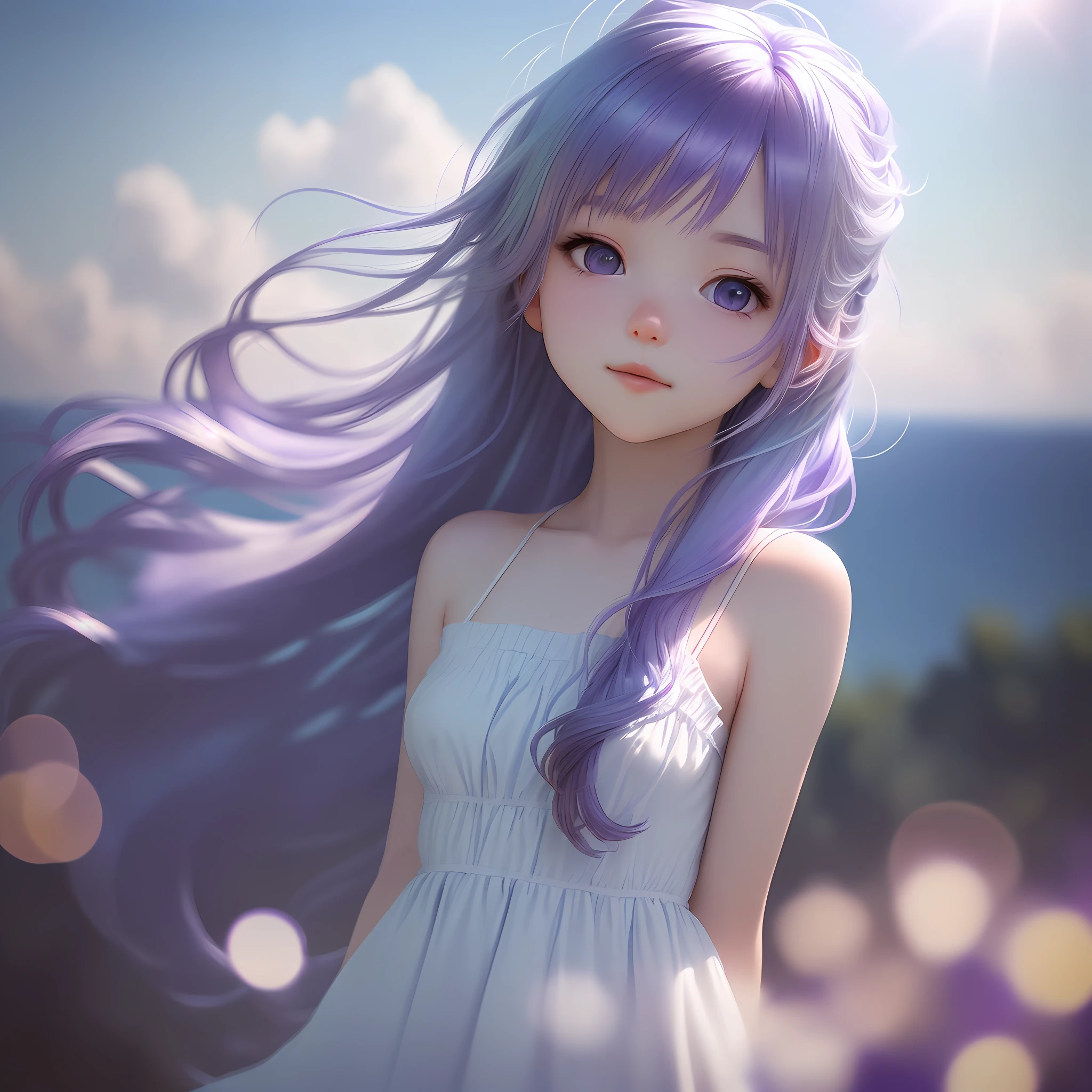 Anime girl with long purple hair and blue eyes standing in front of the  ocean - SeaArt AI