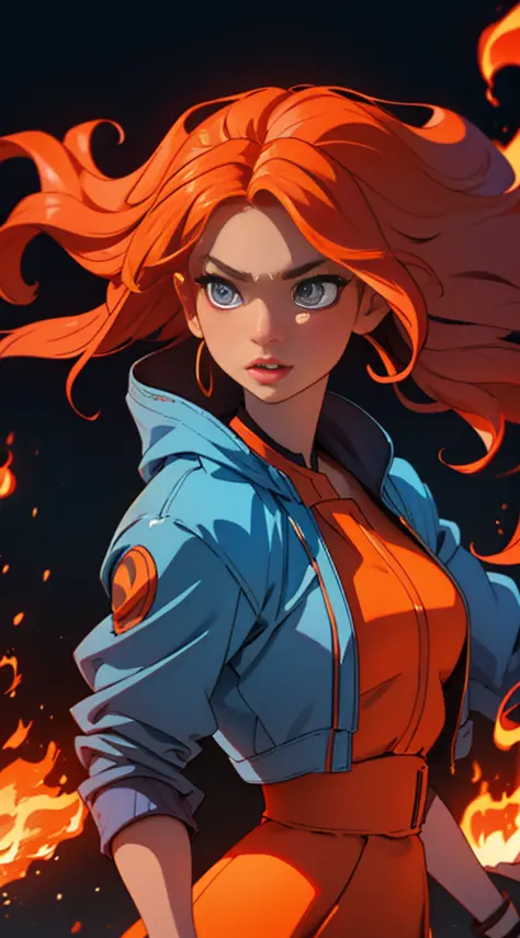 A young girl, with flames for hair, she's a model, she's wearing a fashion dress, she's 15, her eyes are orange, Her hair is on fire, her hair is shivering flames, just like lina in dota 2, fire, her hair is pure fire, she is black, has dark skin