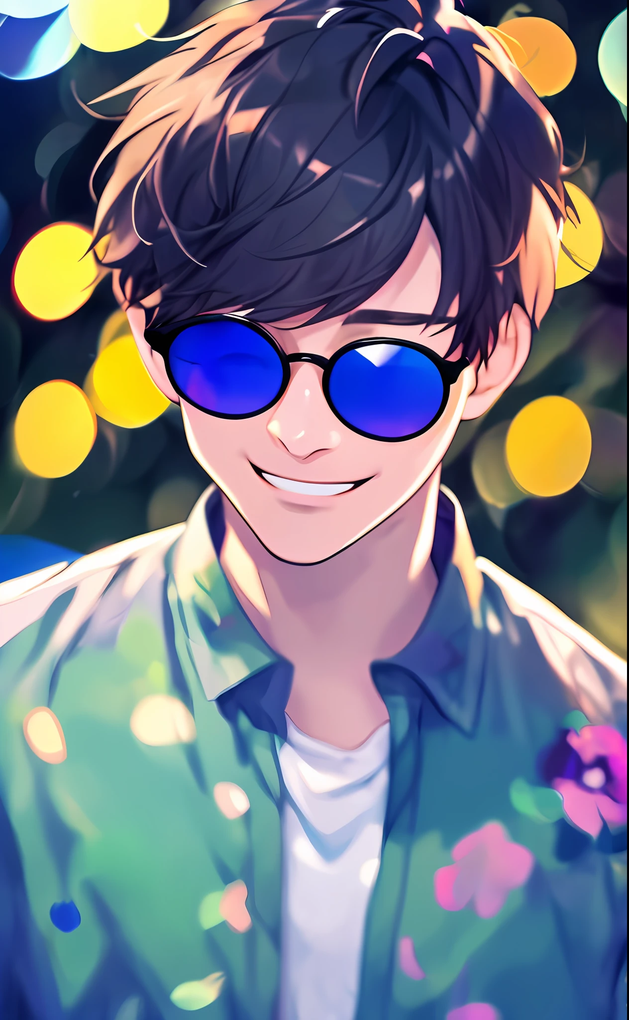 1 boy, man, (brunet: 1.4) (smile, closed eyes: 0.992), outdoors, (upper body, face close-up: 1.4) (wearing sunglasses) (background bokeh: 1.2), flowers