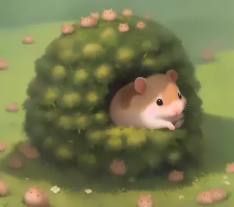 A hamster sitting on a grass anthill