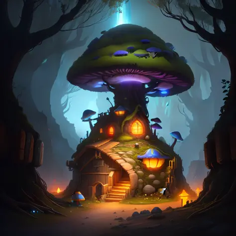 an dwarves military base with some colorful mushrooms around, with some magical visual effects, fantasy, hd, HDR 4k upscale
