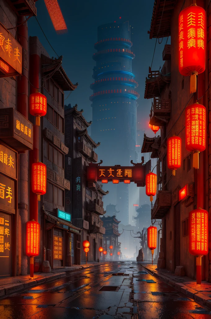 Half ancient Chinese city, half cyberpunk city in futuristic science fiction movie, empty streets, China, Chinese sign, intricate, ultra-detailed, realistic, surreal, high quality, hyper-detailed, crazy detail, photo realism, 8k