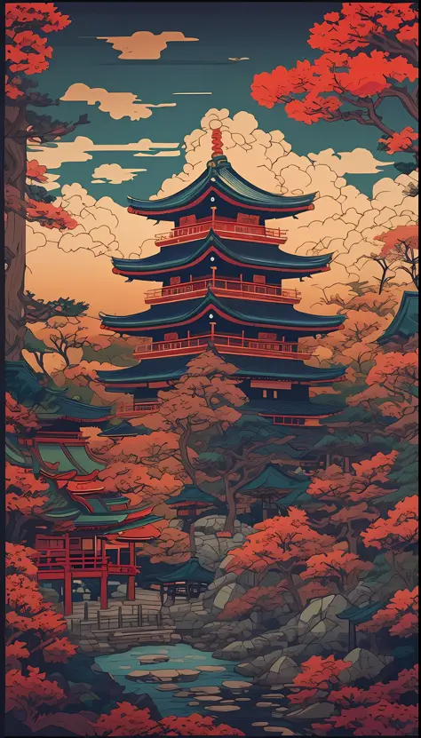 a poster of a pagoda in the middle of a forest, japanese art style, japanese inspired poster, studio ghibli and dan mumford, japan poster, eastern art style, kyoto inspired, inspired by Torii Kiyomasu, inspired by Yoshida Hanbei, inspired by Torii Kiyomits...