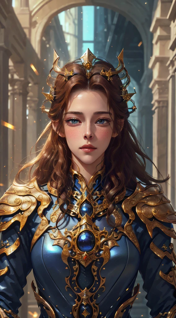 Full body photo, far view, Kristen Stewart, few freckles, short golden brown hair slightly curly, amber eyes, blue medieval style clothing, wearing silver heavy armor, dark blue cape, perfect hands, handsome, beautiful face, delicate facial features, mysterious but affinity, tall figure, model standing, wearing a small golden female crown, (skin dents: 1.5), realistic, realistic, (masterpiece: 1.5), concept art, intricate details, highly detailed, octane rendering, 8k , Unreal Engine, Dynamic Pose, Best Quality, High Resolution, ((Theatic)), Epic, Depth of Field, , Particle, (Realistic Face:1.1, Surreal:1.1), ((1 Girl, Close Up, Medium Tits, Perfect Eyes, Detailed Eyes, High Quality Eyes, High Quality Eyes perfect_face, High Quality Eyes, High Quality Eyes, Shiny Skin: 1.2, Shiny Face: 1.2, Embarrassment, Blushing: 0.8)),Wide-Angle, close-up, god rays, depth of field, chiaroscuro, cinematic lighting, high detail, Verism, UHD, masterpiece, ccurate, super detail, high details, high quality, highres, best quality, award winning, 16k