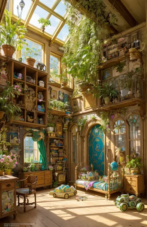 Architectural Digest photo of a {vaporwave/steampunk/solarpunk} ((Child room)) green, with a lot kid toys, with dolls, with a big bed, with flowers and plants, golden light, hyperrealistic surrealism, award-winning masterpiece with incredible detail, breathtakingly epic