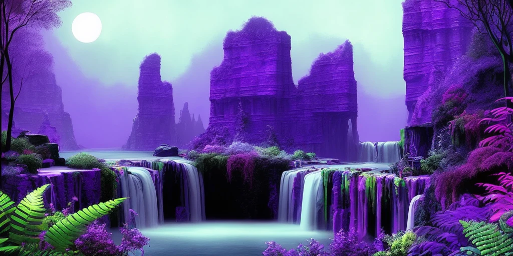 psychadelic fantasy amethyst and ruby and gemstone and opal waterfalls and cliffs, water waves ocean, ferns plants, bushes, shrubbery, gardens, landscape, snow, greenhouse, victorian, mansion, lost in the woods, horror, fog, stream, moonlight, eyes, creepy