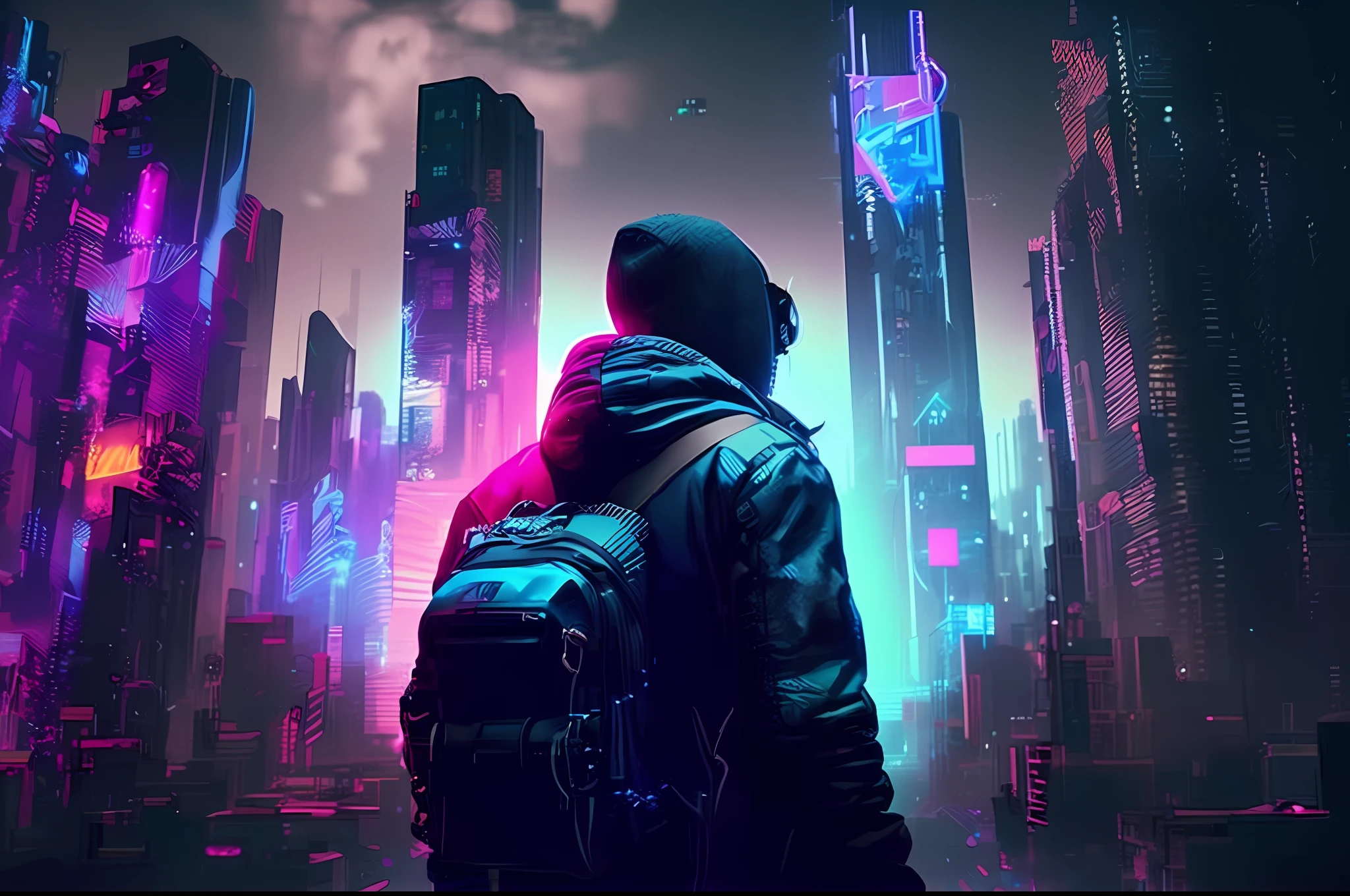 a man in a backpack standing in front of a city with neon lights, in cyberpunk city, cyberpunk vibe, cyberpunk in a cyberpunk city, has cyberpunk style, more and more cyberpunk, in cyberpunk aesthetic, beeple!!, style hybrid mix of beeple, cyberpunk aesthetics, aesthetic cyberpunk, beeple style, cyberpunk vibrant colors, cyberpunk vibes