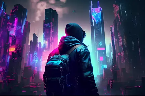 a man in a backpack standing in front of a city with neon lights, in cyberpunk city, cyberpunk vibe, cyberpunk in a cyberpunk ci...