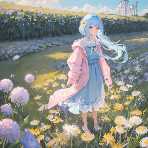 Masterpiece, best quality, a girl with long light blue hair, soft pink clothes, looking at a girl that is standing far far away ...