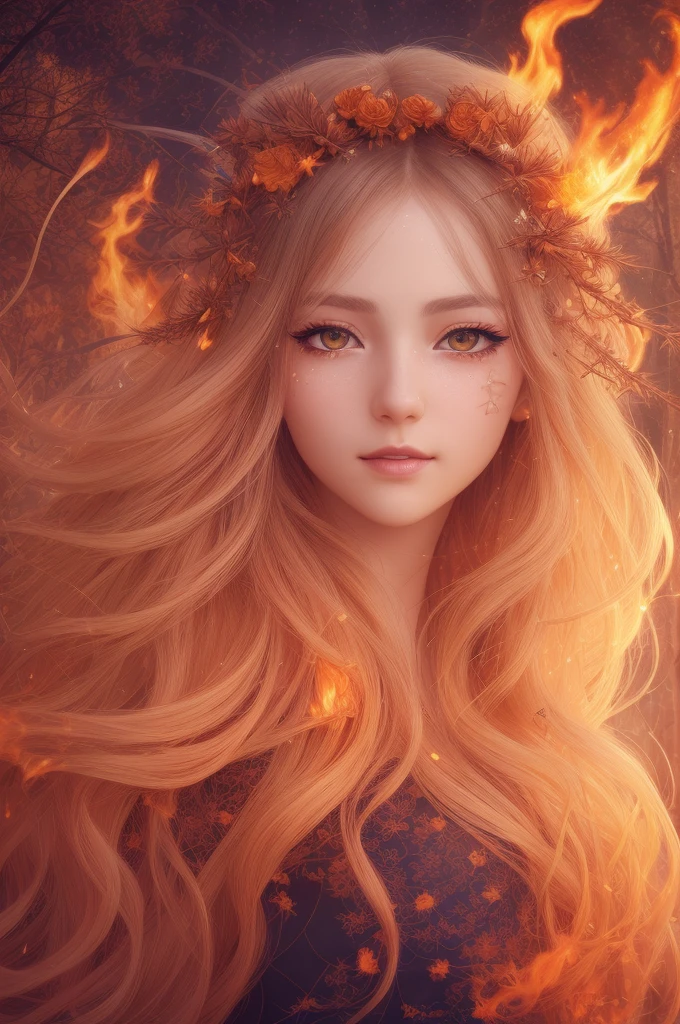 masterpiece, best quality, hair is turning into fire, hair is on fire, Fantasy, (light rayer:1.05), orange light particles, scenery, fire, Beautiful and detailed explosion, beautiful detailed glow, Flames burning around, Flames burning around, Fire feathers, burning, (burning forest:1.34), (bare trees:1.05), ashes, (red sun:1.05), (flame swirling around the character:1.1), solo, crazy_smile, (detailed:1.05), high resolution illustration, lustrous skin, colorful, (ultra-detailed:1.1), (illustration:1.05), (detailed light:1.05), (an extremely delicate and beautiful:1.1), beautiful detailed girl, depth of field, white_long_hair, orange_eyes, eyelashs, dark eyelashes, eyeliner, soft glowing eyes,