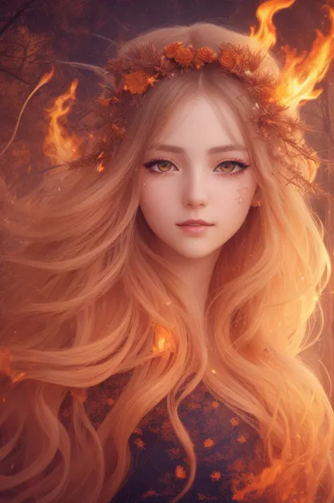 masterpiece, best quality, hair is turning into fire, hair is on fire, Fantasy, (light rayer:1.05), orange light particles, scen...