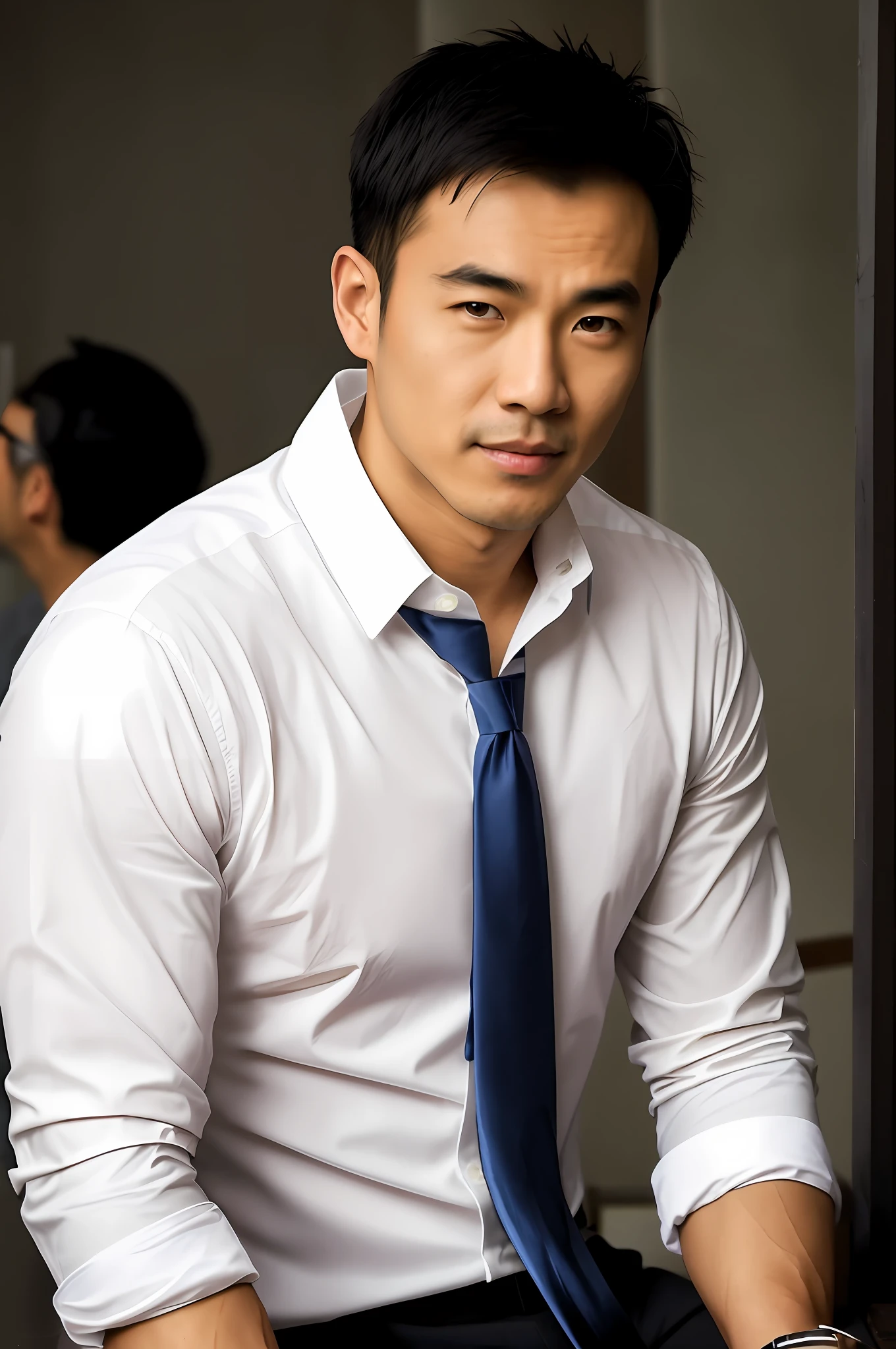 Alafed Asian man sitting at table in white shirt and tie, handsome Chad Chin, Joe Taslim, Damian Chen, Ross Tan, Ruben Wu, Ryan Jia, handsome man, Johnny Wan, Jerry Zhang, Kaiwen Hou, Cao Cao, Steve Zheng, Dai, Hu Zhihao, Bian Luan, Ruan Jian, Liang Mark, drinking coffee