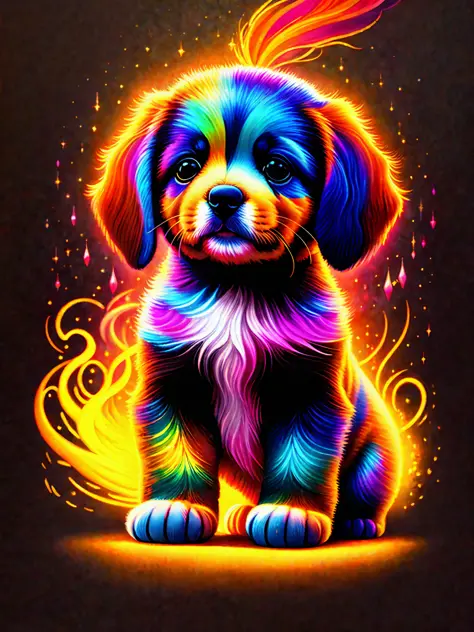 a painting of a colorful puppy on a black background,, breathtaking rendering, within a radiant connection, inspired by Kinuko Y. Craft,, magical elements, kitten icon, wow, is beautiful, casting a multi colorful spell, bright flash, flash