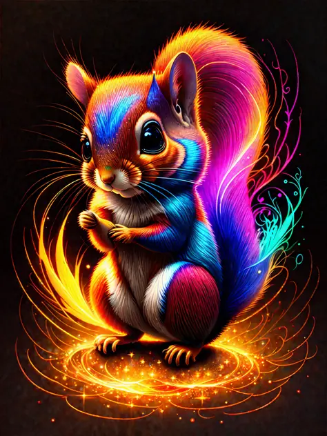 a painting of a colorful squirrel on a black background,, breathtaking rendering, within a radiant connection, inspired by Kinuko Y. Craft,, magical elements, kitten icon, wow, is beautiful, casting a multi colorful spell, bright flash, flash