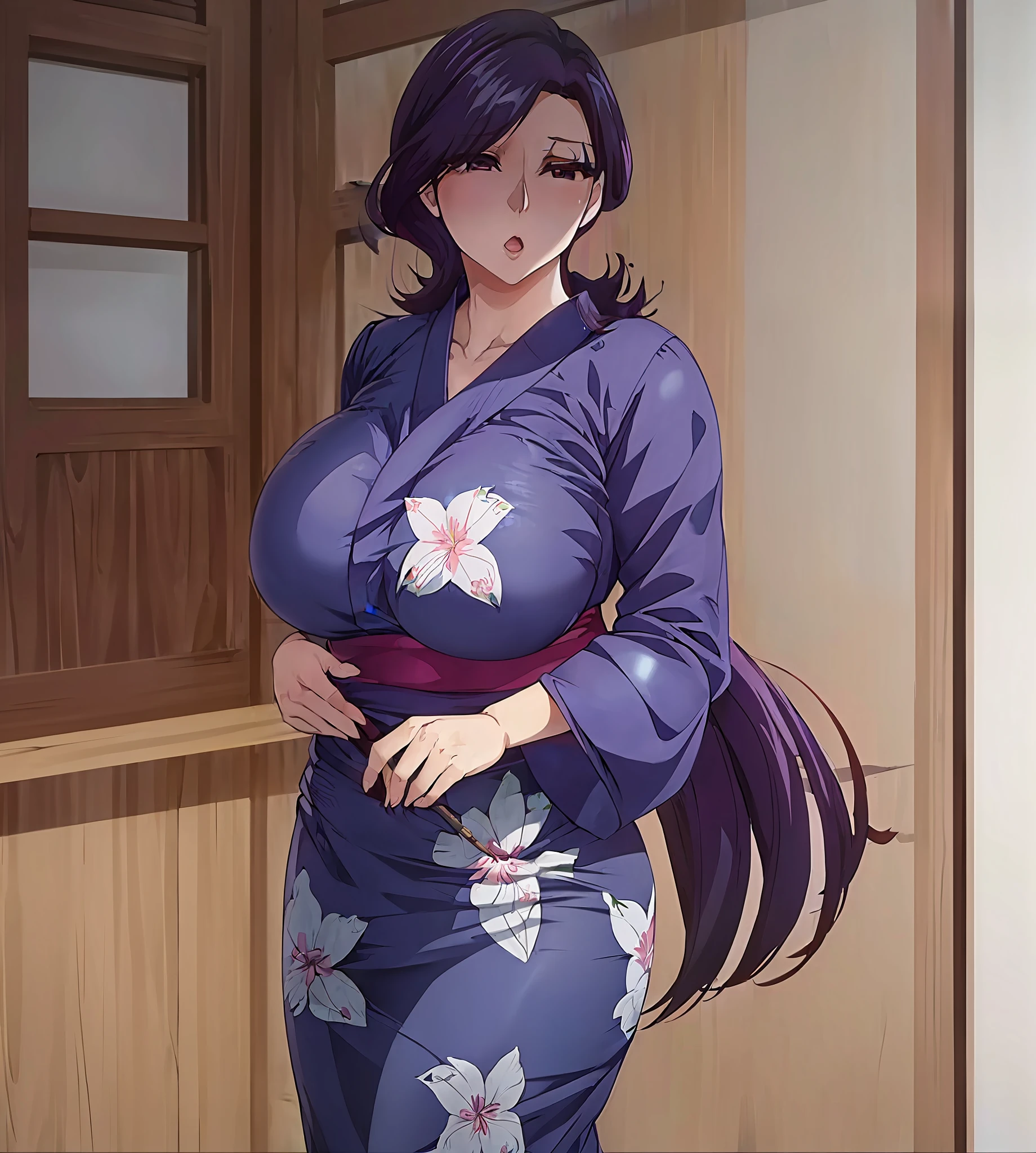 Anime woman in kimono outfit standing in doorway with open door - SeaArt AI