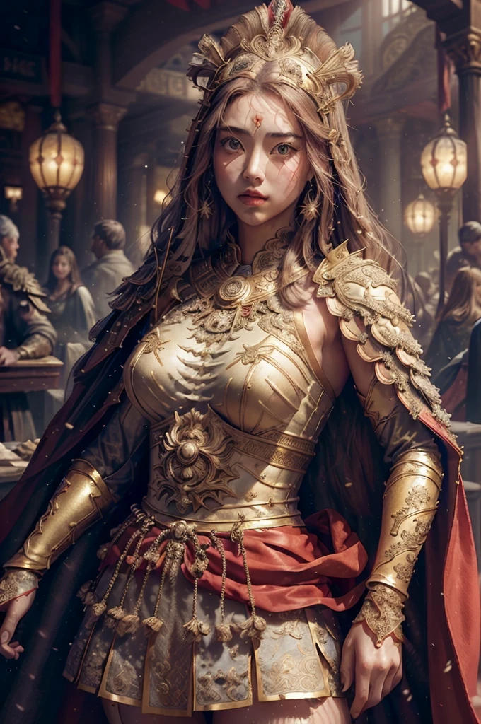 ((masterpiece))), (((best quality))), ((ultra-detailed)), (hyperrealistic), (highly detailed CG illustration), cinematic light, photorealistic ,extremely beautiful young lady, light makeup, big breast,  intricate detailed eaba, red cape, spear