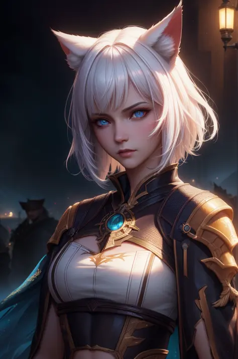 Masterpiece, highres, high quality, Detailed face, best quality,1girl, (miqote:1.1), cat ears, (pale skin:1.1), cat girl, (white hair), blue eyes, (looking at viewer:1.2), lips ajar, (outdoors:1.1), anthropomorphic,suomi 80mm Sigma f/2.0,vivid light, crop ...