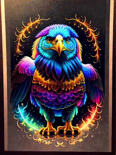 a painting of a colored eagle on a black background,, breathtaking rendering, within a radiant connection, inspired by Kinuko Y. Craft,, magical elements, kitten icon, wow, is beautiful, casting a multi colorful spell, bright flash, flash