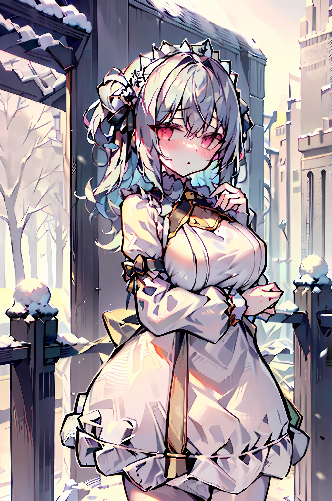 (masterpiece), (best quality), (very detailed), girl single, solo, red eyes, holding, looking viewer, holding cup, outdoor, snow, long sleeve, bangs, closed mouth, bare trees, fur trim, hair between eyes, ribbon, open clothes, bag, winter, black ribbon, snowfall, gray hair, coat, hair ribbon, buns hair, upper body, jacket, side lock, blush, fur collar