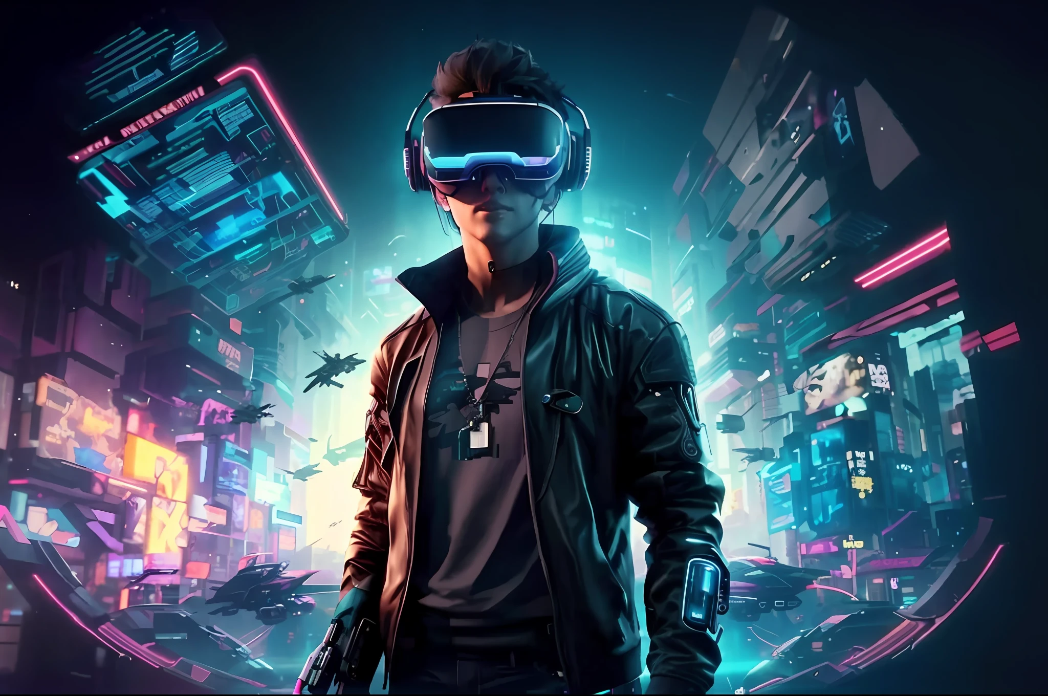 a man in a black jacket and glasses stands in front of a futuristic city, vr game, cyberpunk vibe, cyberpunk vibes, deeper into the metaverse we go, has cyberpunk style, cyberpunk theme, in cyber punk 2077, cyberpunk futuristic, cyberpunk future, synthwave, wearing cyberpunk streetwear, futuristic cyberpunk, cyberpunk tech, retro cyberpunk, synthwave style