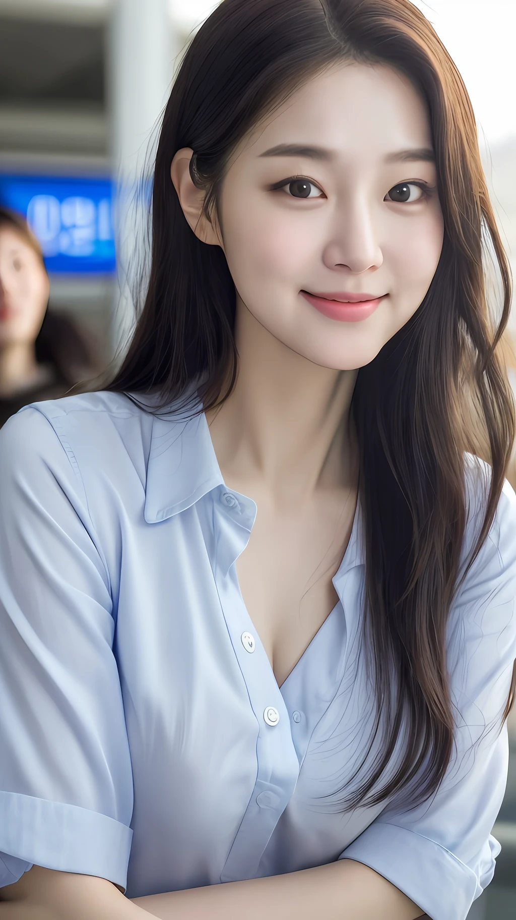 realistic photos of cute Korean star female, expressive hair, thin makeup, medium breasts size, slightly smile, shirt with rolled up sleeves, in the skytrain, clear facial features, Eye-Level Shot, dithering, UHD, masterpiece, super detail, best quality, highres, 16k,