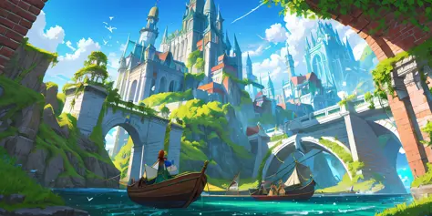 ancient fantasy city of islands connected by arched bridges; brick walls surround island enclaves of soaring marble and granite towers, green and violet vegetation, ancient boats sail through the canals, birds soar overhead