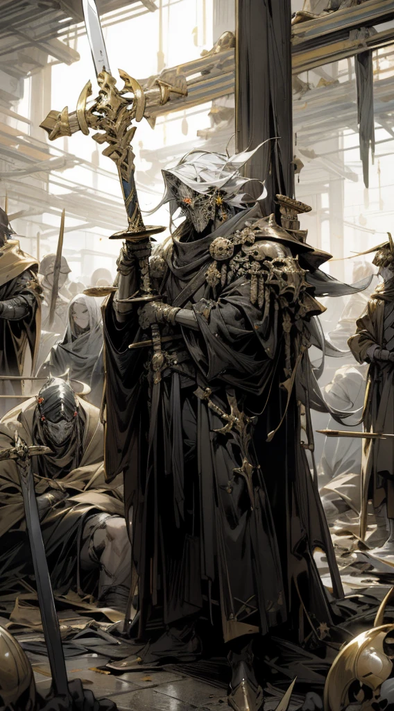 Extremely detailed cyberpunk apocalyptic scenes, vast and wide-angle war-ravaged grounds, brandishing a golden cane and carrying a long sword, stands a powerful male king. His robe shone with golden light and was full of royal momentum.
