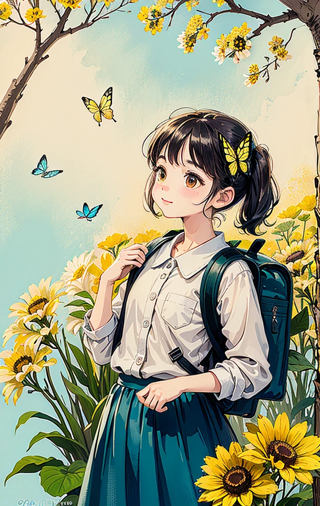 An incredibly charming little girl carrying a backpack, accompanied by her adorable puppy, enjoying a lovely spring outing surrounded by beautiful yellow flowers and natural scenery. The illustration is in high definition at 4k resolution, with highly-detailed facial features and cartoon-style visuals, (Butterfly Dance)