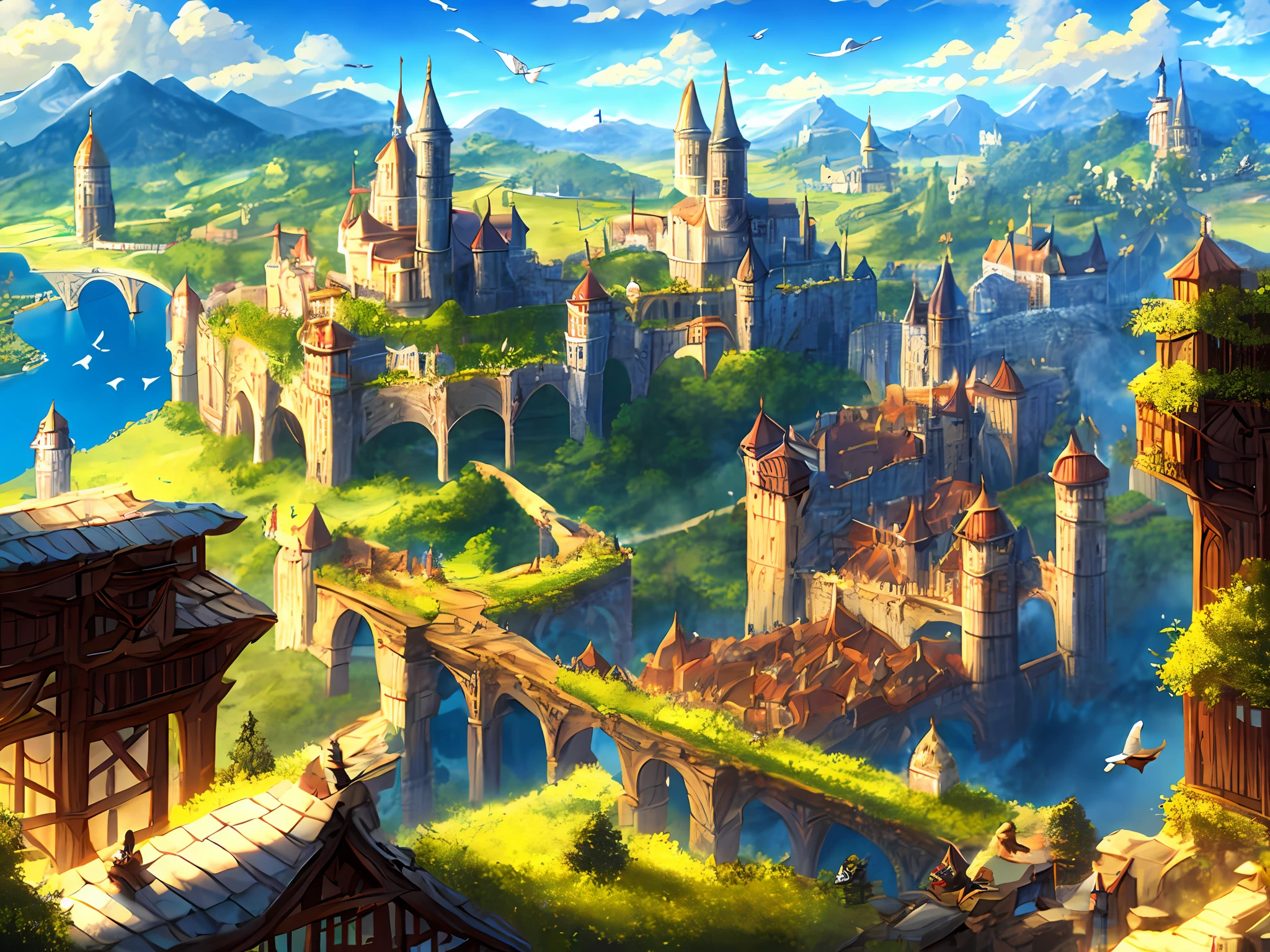 medieval kingdom. sunny morning. 8k resolution. ratio 3:2. very high drawing skills. bird's eye viewpoint. very stunning view. amazing light effects. thick medieval fantasy illustrations. very large area.
