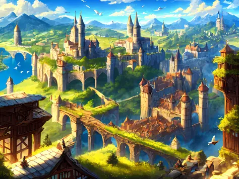 medieval kingdom. sunny morning. 8k resolution. ratio 3:2. very high drawing skills. bird's eye viewpoint. very stunning view. a...