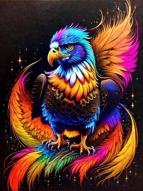 a painting of a colored eagle on a black background,, breathtaking rendering, within a radiant connection, inspired by Kinuko Y. Craft,, magical elements, kitten icon, wow, is beautiful, casting a multi colorful spell, bright flash, flash