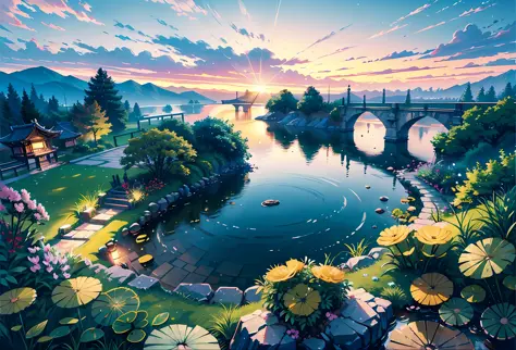 Ancient Chinese architecture, moon, midnight, garden, bamboo, lake, stone bridge, rockery, arch, corner, tree, running water, landscape, outdoor, waterfall, grass, rock, water lily, hot spring, water vapor, (Illustration: 1.0), Epic Composition, Realistic ...