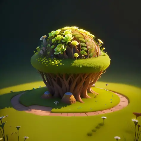 An anthill shaped like a rose in 3d art, filled with grass and tiny mushrooms, fantasy
