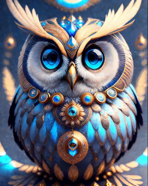a digital painting of an owl with blue eyes, unreal engine render + a goddess, very detailed , beeple global illumination, elaborate ornate jewellery, trending on cgisociety, motion graphics, rossdraws global illumination, cgsociety