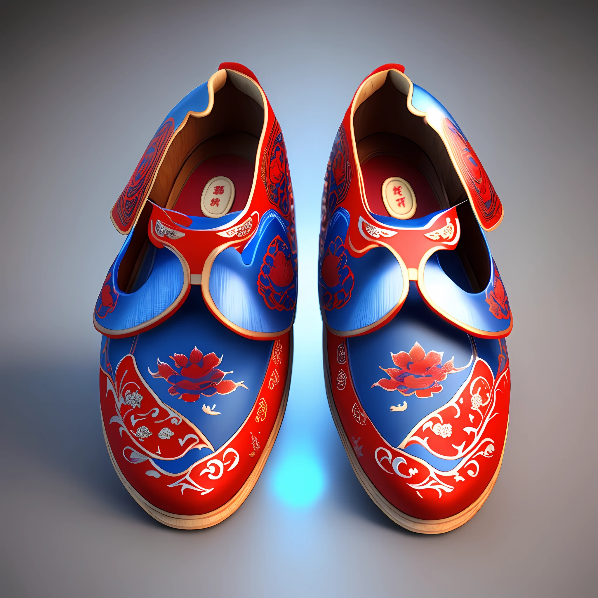 A pair of shoes, Tang culture, Tang Dynasty national style, casual shoes, red and blue matching, fashion, 3D rendering, complex shoe style