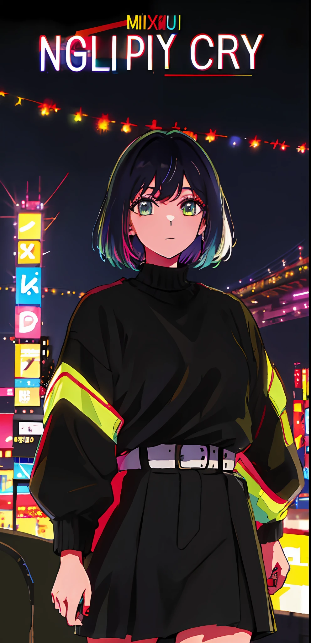 1 Mädchen, Allein, schwarzer Pullover Uniform, bangs,Glücklich,posiert, mehrfarbige Haare, (Meisterwerk:1.2), highres, beste Qualität, 8k, Nacht Neon Stadt Tokio Hintergrund, weißes Haar