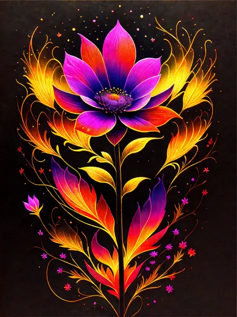 a painting of a colorful flower on a black background,, breathtaking rendering, within a radiant connection, inspired by Kinuko Y. Craft,, magical elements, flower icon, wow, is beautiful, casting a multi colorful spell, bright flash, flash