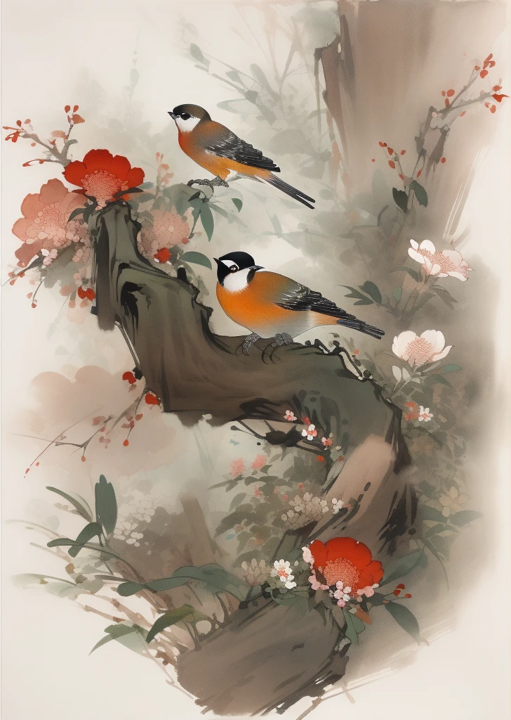 Blumen und Vögel, [(weißer Hintergrund:1.5)::5], mittlere Ansicht, Ganzkörper, Chinoiserie, Blumen, Steinfragmente, Schönes und zartes Wasser, Holzmaserung Boden,