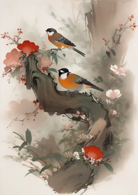 Flowers and birds, [(white background:1.5)::5], medium view, full body, chinoiserie, flowers, stone fragments, beautiful and del...